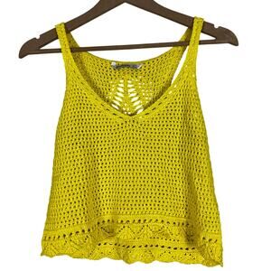 Stradivarius Tank Top Womens M Yellow Crochet Knit V-Neck Coastal Cowgirl Hippie